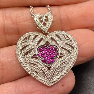 Sterling Silver 925 RPG Rhinestone Heart Pendant Charm Necklace 18” NIB